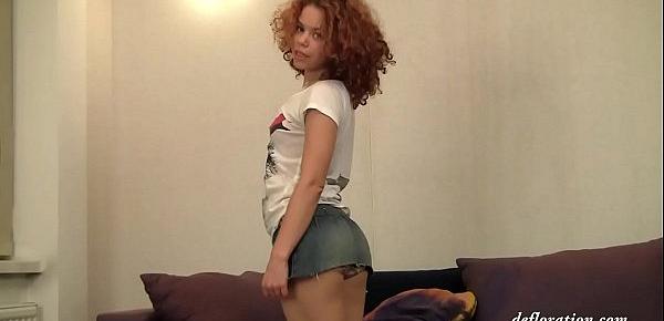 Zadova with her ginger hair enjoys her body and rel virgin pussy. She will spread her legs and show her real hymen in front of the camera!